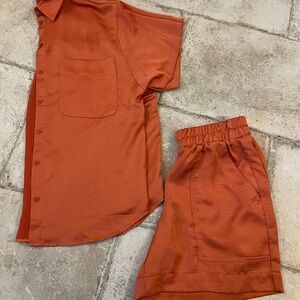 A New Day Rust Satin Set 🍂 Button Shirt + Elastic Shorts (Size S)